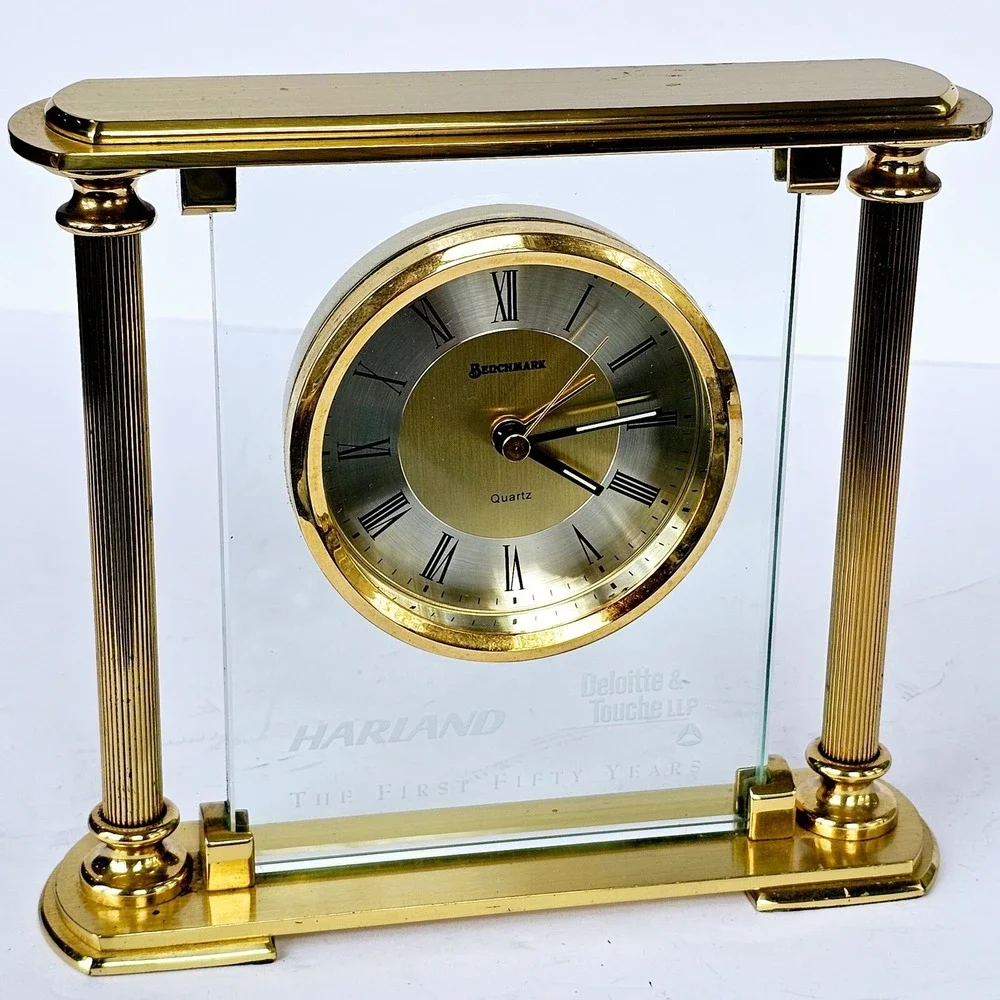Vtg Deloitte Benchmark Brass & Glass Quartz Desk Mantle Alarm Clock M507.3